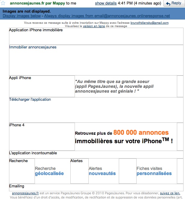 L'email d'annonscesjaunes.fr avec les images bloquées